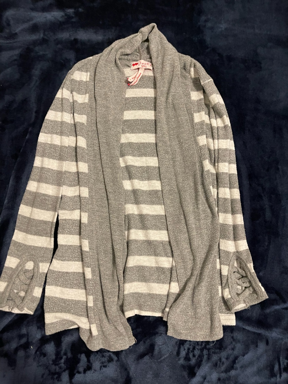 Poof! Girls Gray & Cream Striped Open Drape Cardigan